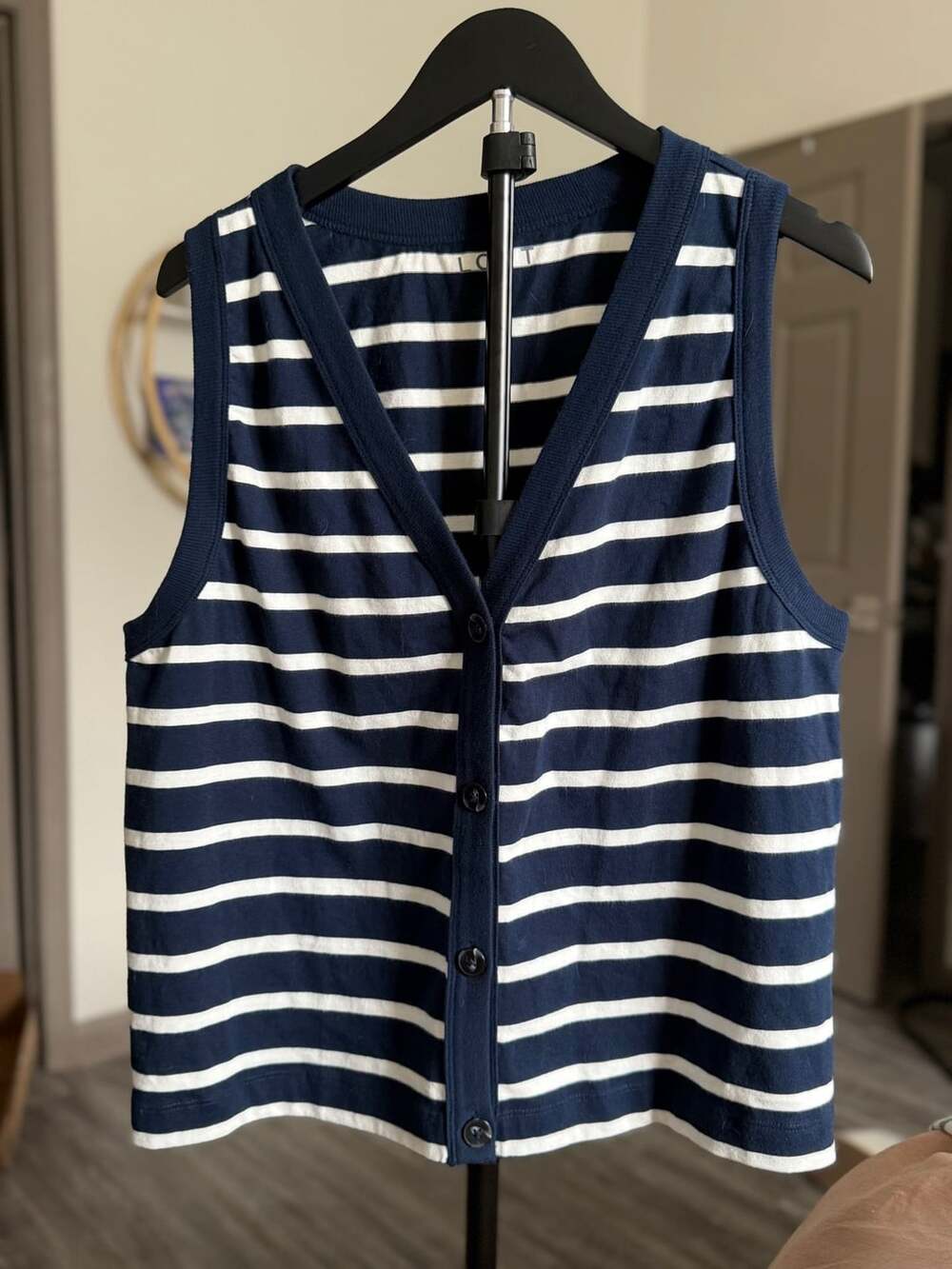 LOFT Button Down Stripe Sweater Tank Size XL Navy White